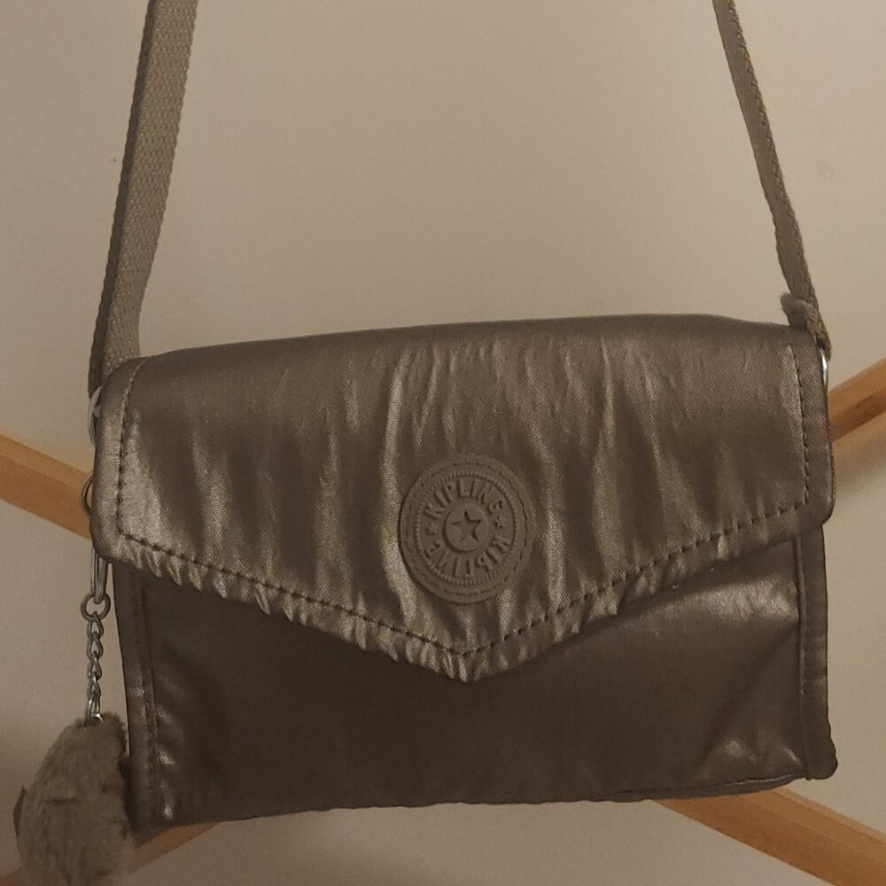 METALLICA! Kipling Gold Metallic Crossbody Bag W/ Monkey Keychain GOOD CONDITION